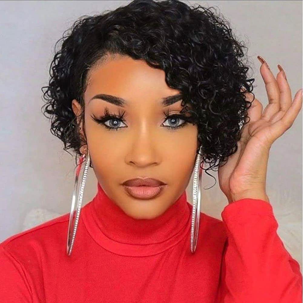 Human Hair Wigs Curly Wave Side Part Wig Short Bob Pixie Cut