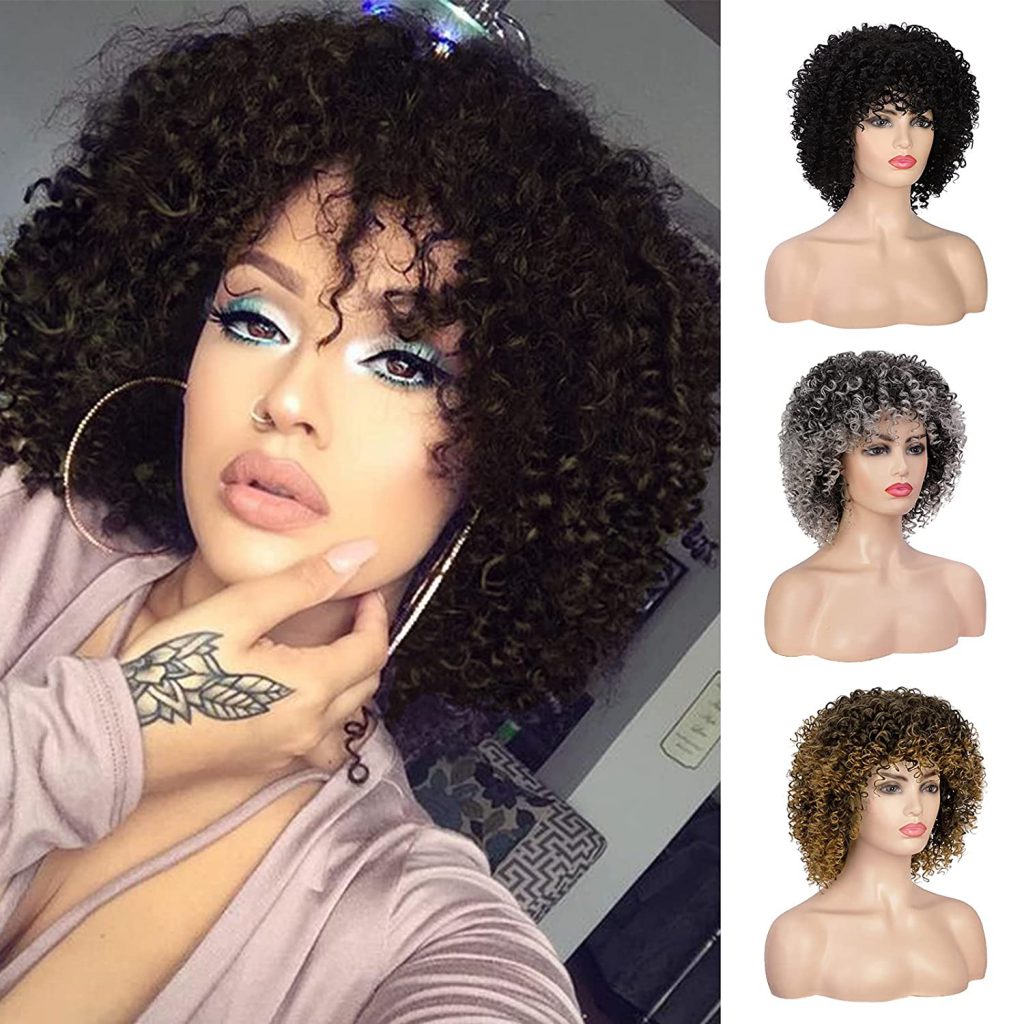 Curly Afro Wig with Bangs Shoulder Length Wig Gray Curly Wig Afro