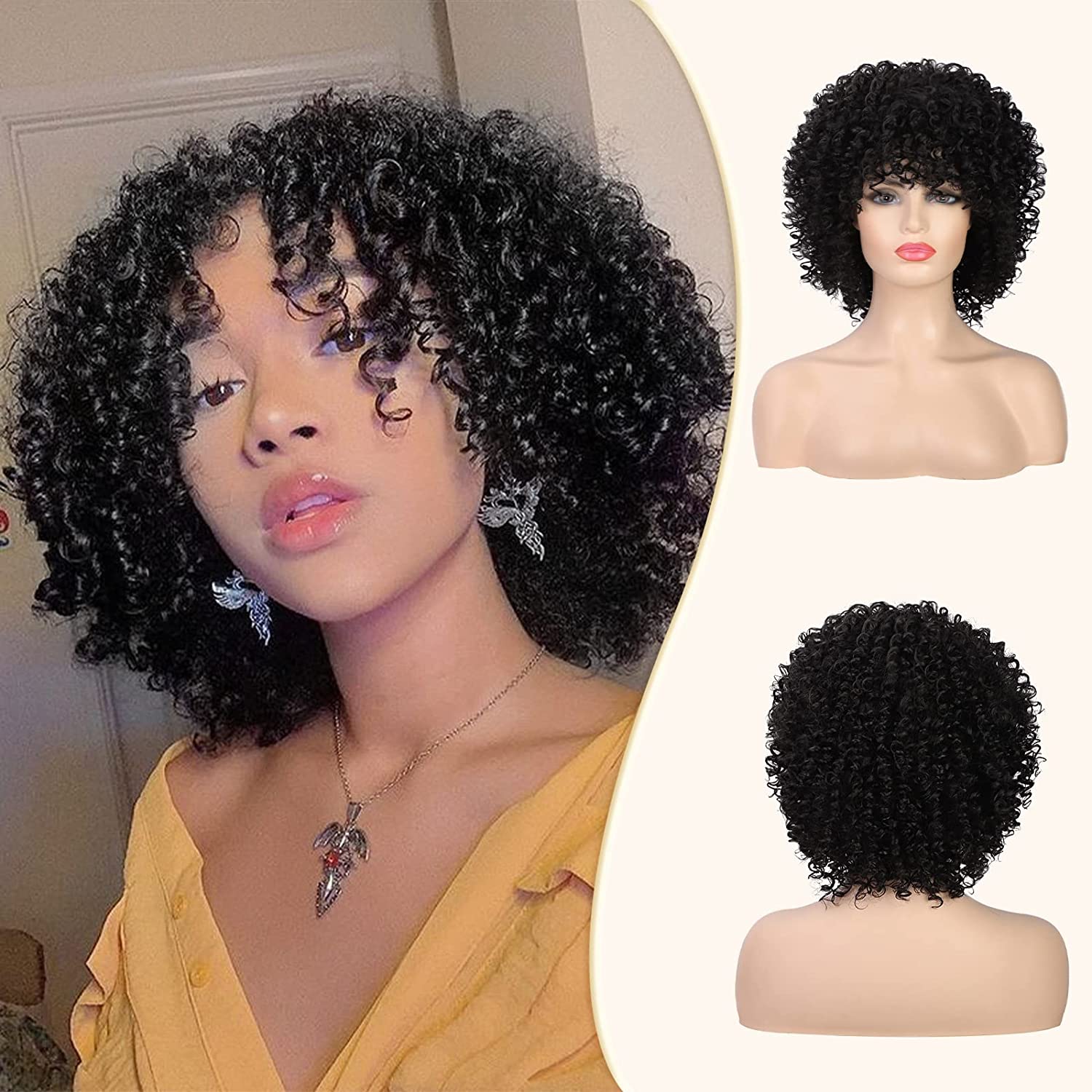 Pixie Afro Kinky Curly Wigs With Bangs Human Hair Afro Wigs for Black Women