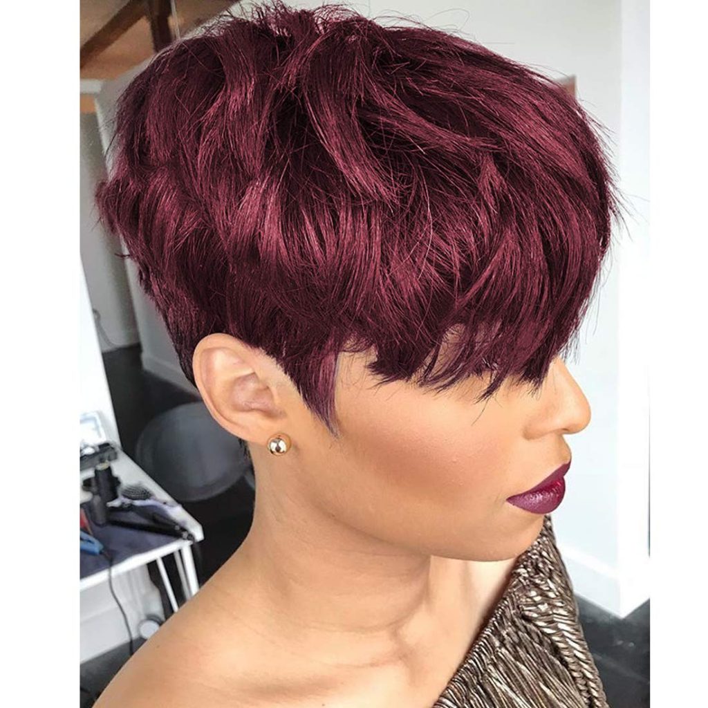 Pixie Cut Human Hair Wigs with Bangs Burgundy Color Wigs Cute Brazilian