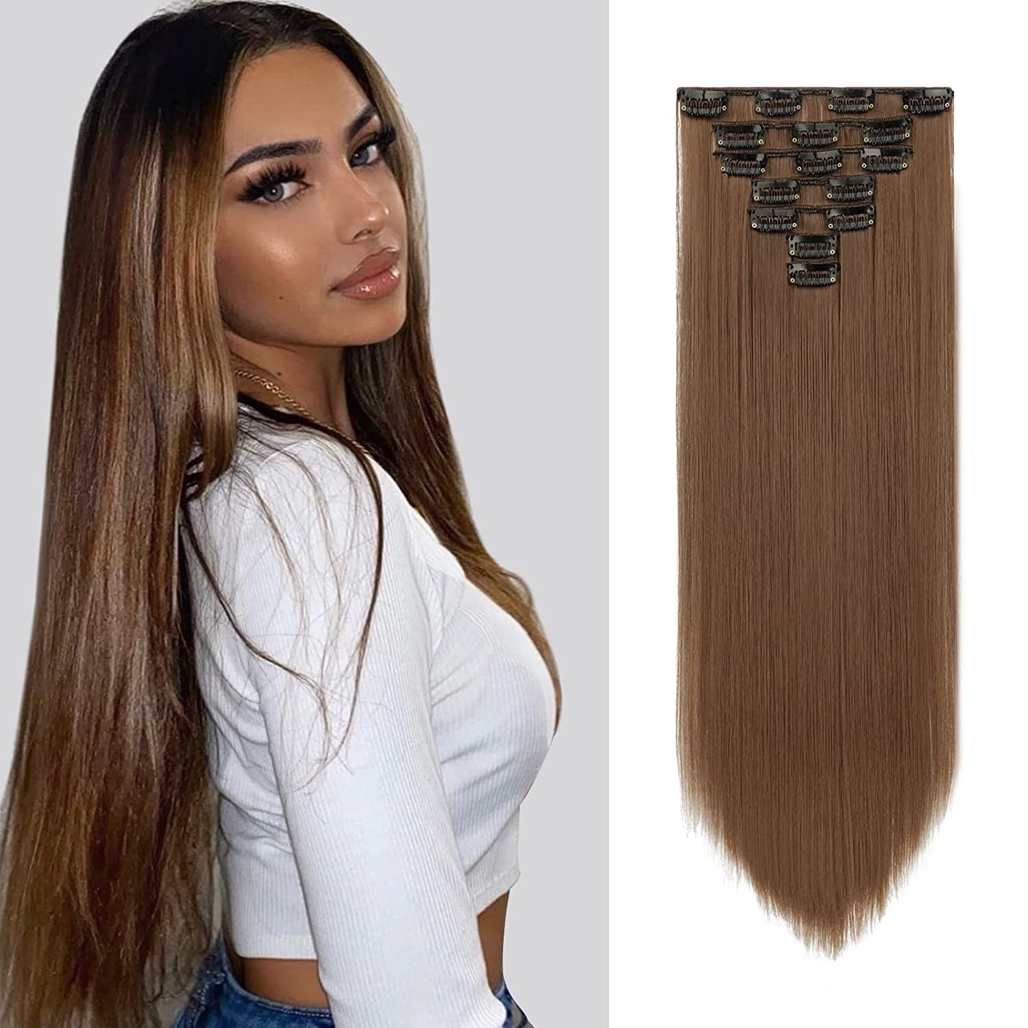 7 Pcs Clip in Hair Extensions Full Head Long Straight Synthetic Clip Hair  Piece Hairpiece for Women Girls