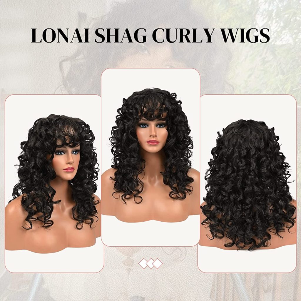 Curly Wig with Bangs for WomenLONAI Long 23Inch Black Kinky Wigs with Wispy Bangs Curly