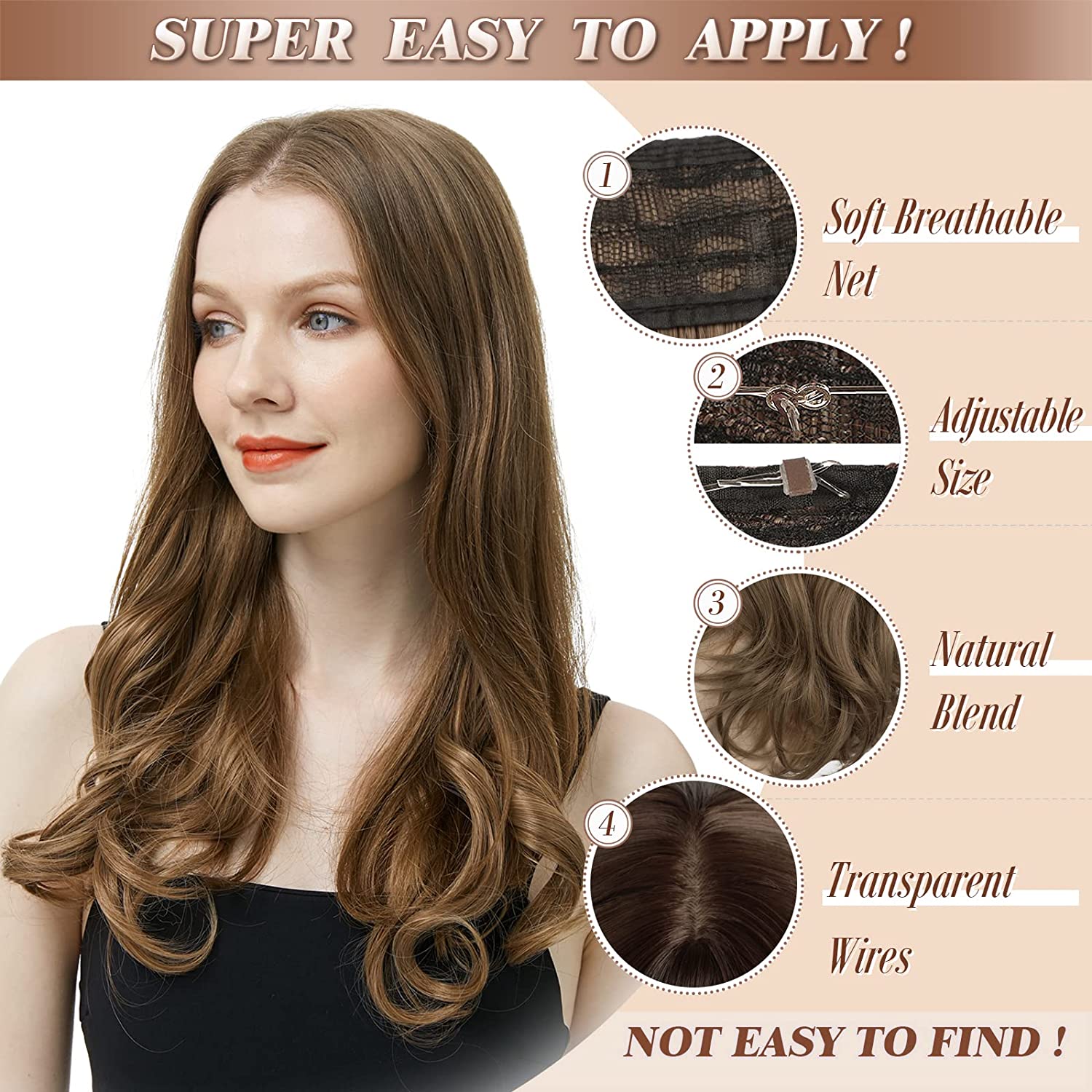 Invisible Wire Hair Extensions with Transparent Headband Adjustable Size One Piece Synthetic
