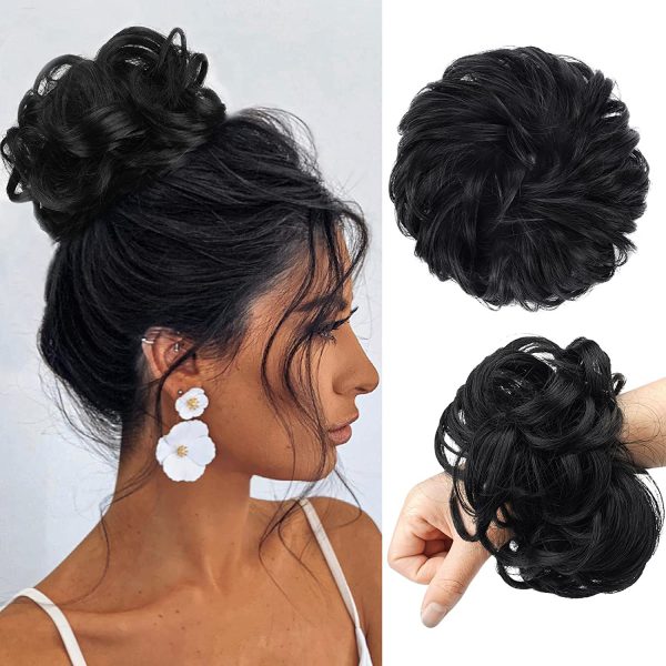 thumbnail image 2 of Large Curly Messy Bun Hairpiece – Scrunchie Style Synthetic Updo For Women – 7in, 45g – Black/Brown/Blonde Shades 2 of 2