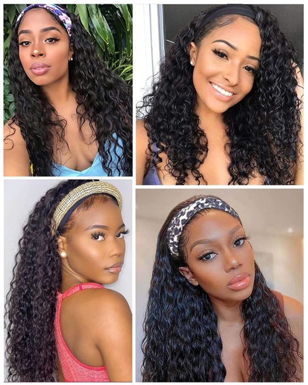 Headband Wigs for Black Women Curly Wigs Short Headband Wig Water Wave Deep  Headband Wigs Wet and Wavy Wigs with Headbands Attached Glueless Black