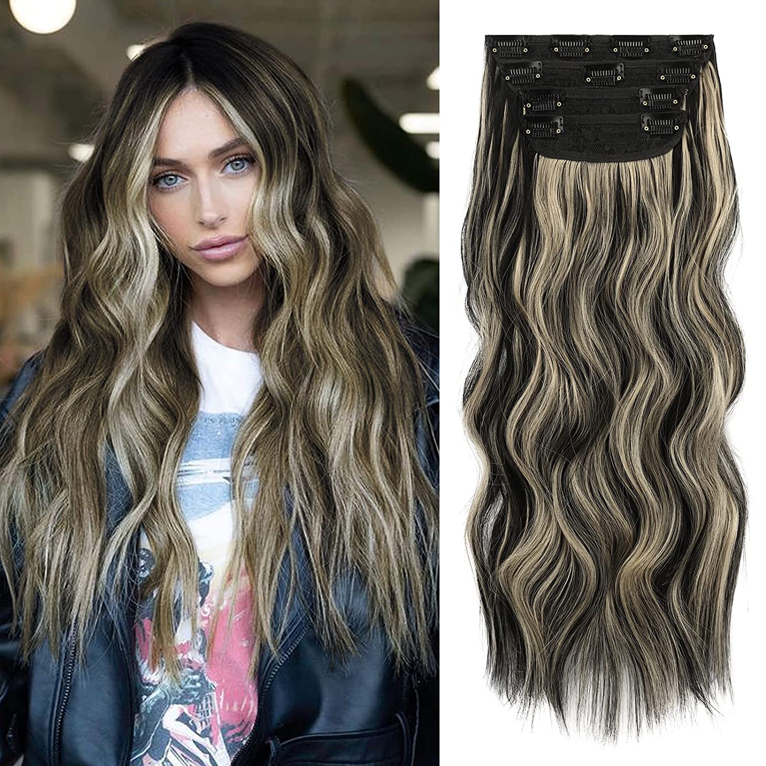 FESHFEN Clip in Hair Extensions 4 Pcs Dark Ash Blonde Mixed Bleach Blonde Thick Highlighted Hair Piece Long Wavy Clip in Extensions Synthetic Hair