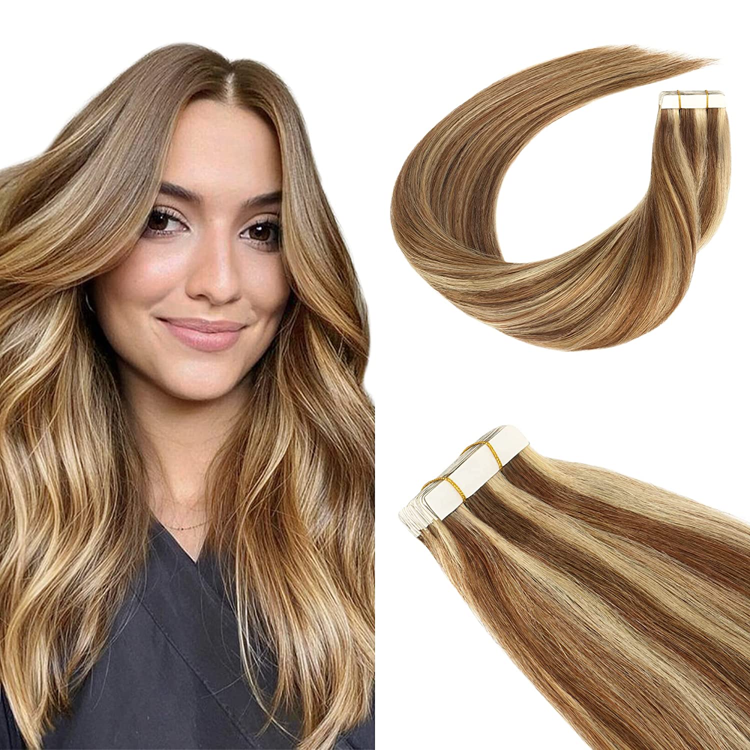 Tape in Hair Extensions, 100 Human Hair Extension with Seamless Tape