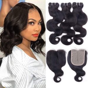 Brazilian Body Wave Bundles With Closure T Part(10 12 14 +10 Closure) Human Hair 3 Bundles With Closure 70g/bundle 10a Unprocessed Body Wave Virgin Hair Bundles With 4x1 Hand-tied Lace Closure