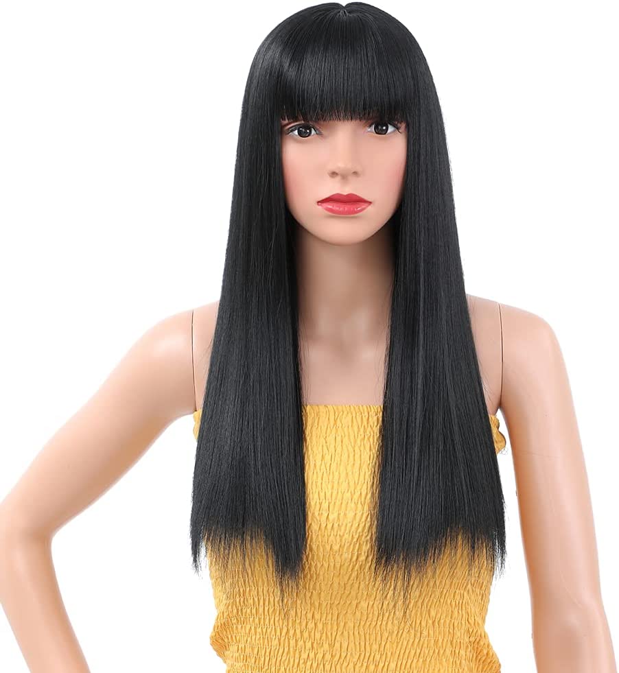 Black wig with bangs for women long and straight wigs 45 cm long black
