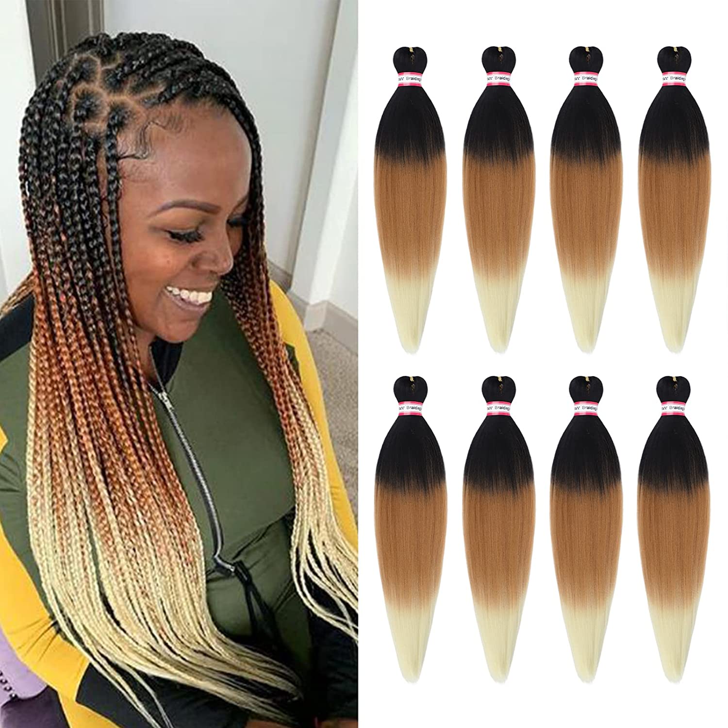 Pre Stretched Braiding Hair 8 Packs 20 Inch Ombre Synthetic Braiding Hair  Natural Easy Twist Braids Crochet Hair Hot Water Setting Professional Soft  Yaki Straight Texture (#1b/brown/beige)