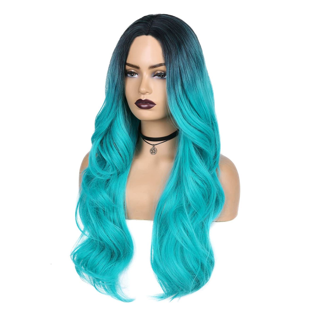 Ombre Black Cyan Long Curly Wigs For Women, Natural Teal Cyan Synthetic Hair Cosplay Daily Party Wig