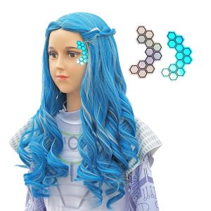 Long Light Blue With Gray Cosplay Wig And Face Sticker For Women Girls And Kids for Halloween Party