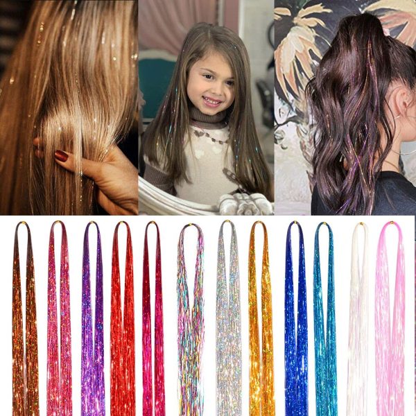 Hair Tinsel Kit Strands With Tool 48 Inch 12 Colors 2100 Strands Fairy Tinsel  Hair Extensions Sparkling Shiny Silver/gold/pink Hair Tinsel Heat Resistant  Silk Holographic Hair Tinsel (2100 Strands)