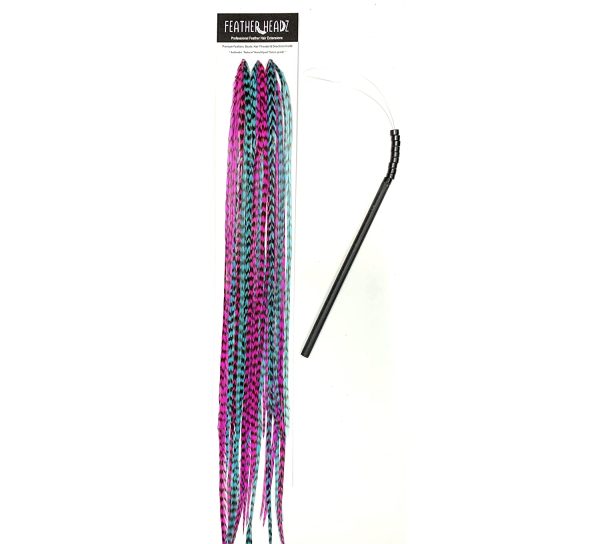 30 Hot Pink & Turquoise Grizzly Color Hair Feathers – 7”- 12” Long –  Feathers For Hair Extension, Rooster Feathers Diy Kit – Eye-catching Design  – 10 Micro-link Beads – 100% Real Rooster Feathers