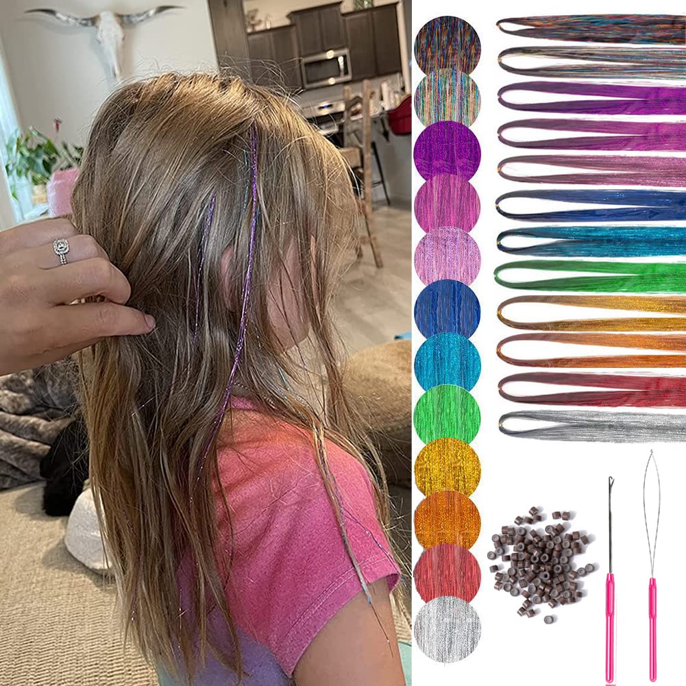 Hair Tinsel Kit with Tool 12 Colors 2400 Strands Tinsel Hair Extensions Fairy Hair Tinsel Heat Resistant, 47 Inches Shiny Sparkly Hair Tinsel