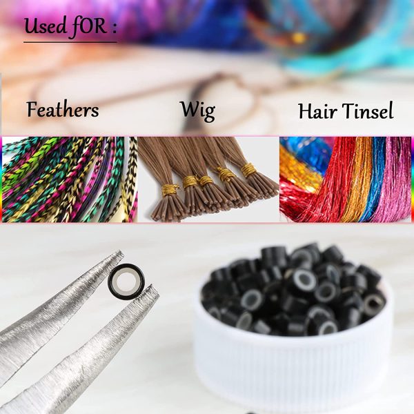  Hair Extension Beads, Lined Tinsel Beads Micro Hair Feather Extension  Beads with Silicone Small Beads for Extensions for Girl(500Pcs-Black) :  Beauty & Personal Care