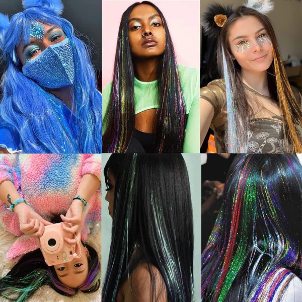 Glitter False Hair Tinsel Rainbow Silk Hair Extensions Braiding