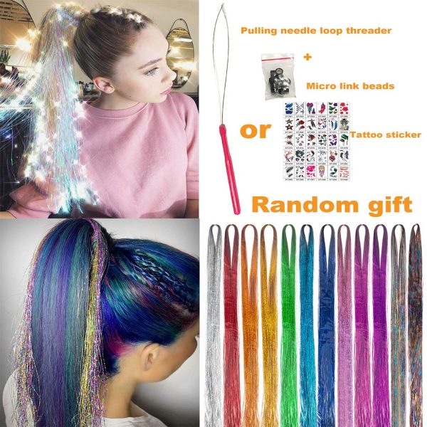 46 Inch Hair Tinsel With Tools 12 Colors 2000 Strands Hair Tinsel Kit  Glitter Hair Extensions Sparkling Shiny Hair Extensions Silk Fairy Hair  Tinsel Strands Kit Hair (46 Inch, 12 Colors)