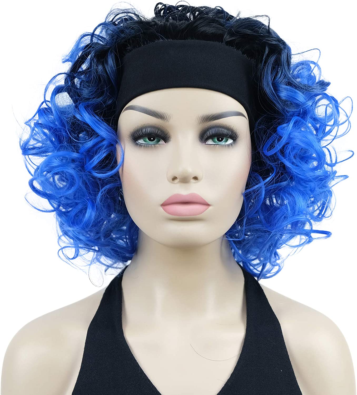 12 Super Curly Wigs Ombre Black Blue Hair Synthetic Headband Wigs