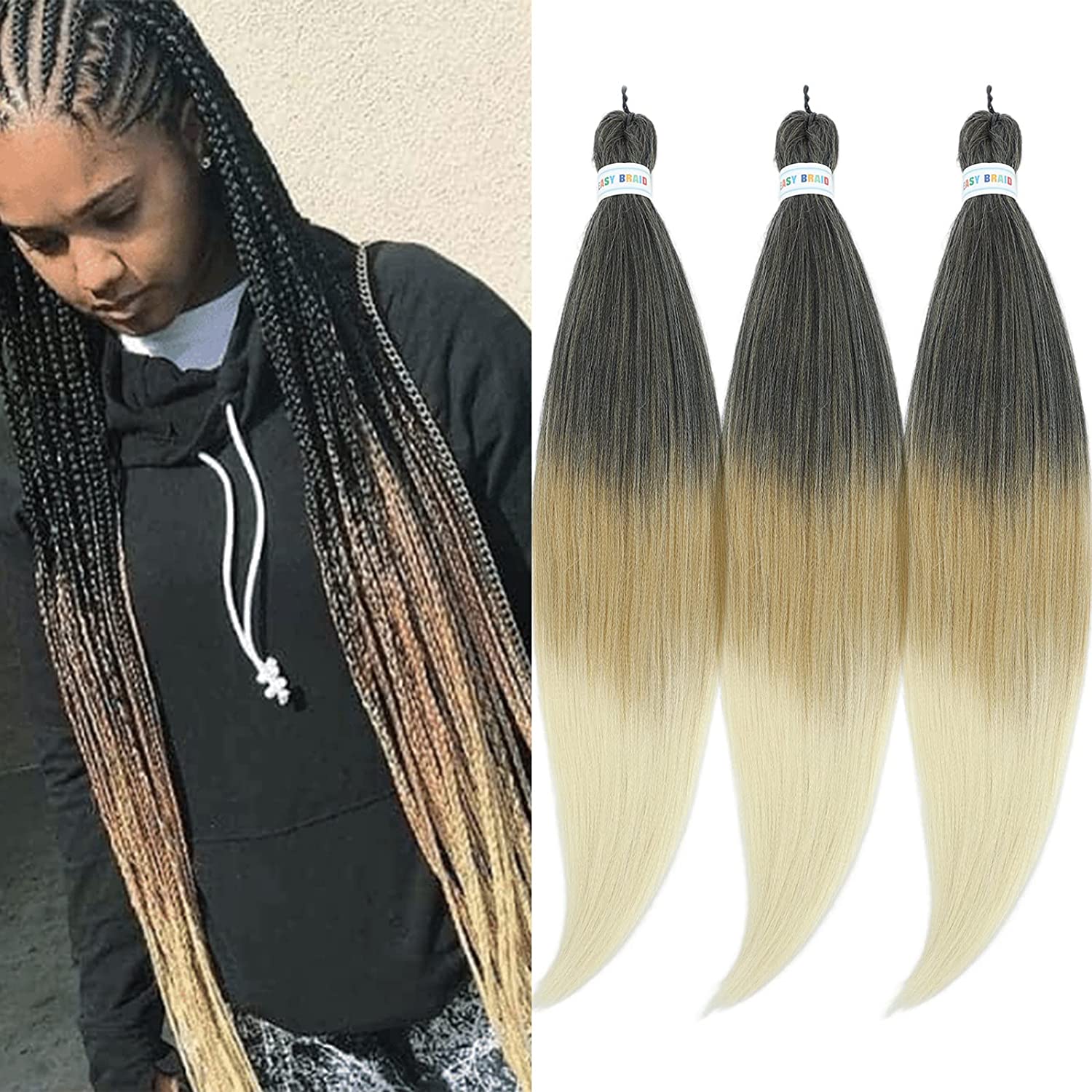 Blonde Ombre Braiding Hair Pre Stretched 27 Honey Blonde Prestretched  Braiding Hair 26 Inch Kanekalon Synthetic Knotless Pre-stretched Braiding  Hair Extensions By (3 Packs 1b/27/613)