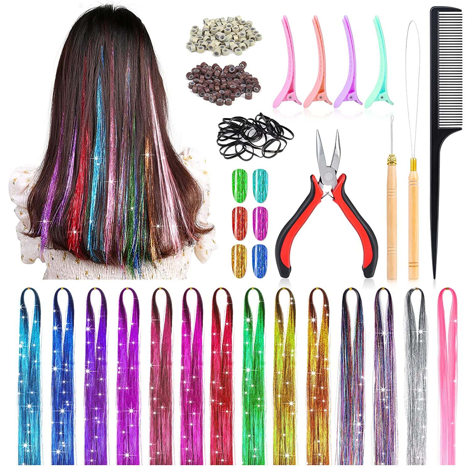 14 Colors Hair Tinsel Kit With Tool, 47 Inch 2800 Strands Tinsel Hair  Extensions For Women Girls, Fairy Hair Tinsel Glitter Sparkling Shiny  Colorful Synthetic Hair For Party Daily Life Fashion.