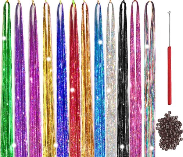 Hair Tinsel Kit, 47 Inch Hair Glitter Strands Fairy Hair Kit 12 Colors  Glitter