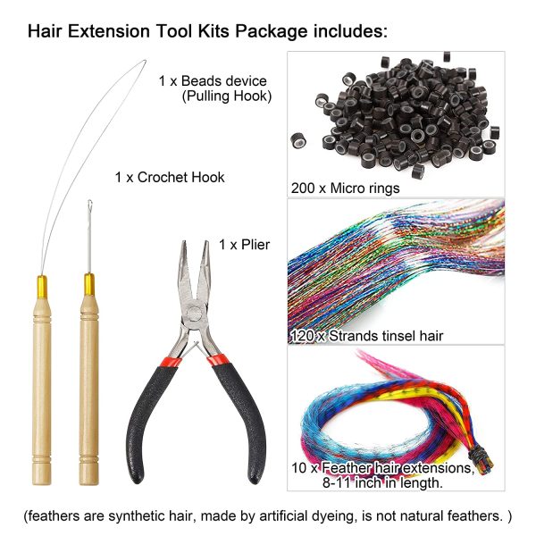 Professional Hair Extension Kit Plier Plus Pulling Hook Bead Device And  Loop Needle Tool Kits With 200 Pieces Silicone Lined Micro Rings 10 Feather  Hair 120 Strands Tinsel Hair (200pcs 2#)