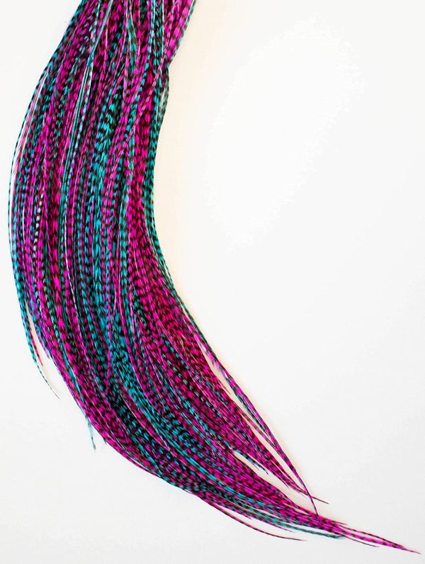 21 Purple, White & Turquoise Grizzly Color Hair Feathers - 7”- 12” Long -  Feathers for Hair Extension, Rooster Feathers DIY Kit - Eye-Catching Design