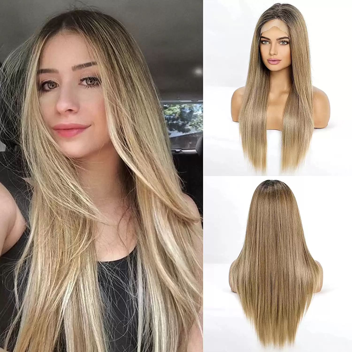 Long Straight Hair Wigs Lace Front Wig For Women Ombre Blonde