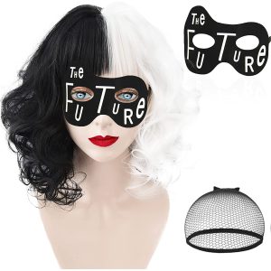 Cruella wig for Halloween Costume Women Black and White Wig with Future Mask Goth Wigs Short Curly Wig Cosplay Carnival Party Cruella Costume Accessories Adult