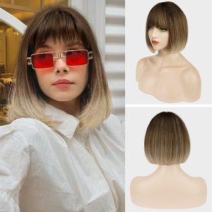 Short Straight Ombre Brown Bob Wigs with Bangs Synthetic Wigs Colorful Daily Party Cosplay Hair Wig for Women Ladies 12 inch Short Bob Wigs