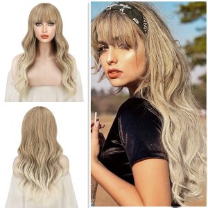 Ombre Wig with Bangs Long Curly Wavy Synthetic Wigs for Women Blonde Hair Wig Heat Resistant Colorful Natural Wavy Wigs Daily Party Wigs 24 Inches Ash Blonde