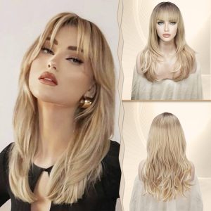 Long Blonde Wigs for Women Layered Synthetic Hair Wig With Bangs Natural Wave Wig Synthetic Heat Resistant Full Wigs for Halloween Daily Party