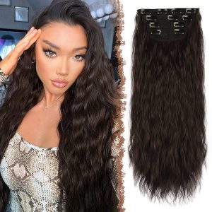 Clip in Hair Extensions 4PCS Wavy Clip in Extensions Synthetic Long Curly Wavy Thick Dark Brown Hairpieces for Women Girls Full Head Hair Piece 20 inch