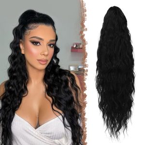Long Braid Ponytail Hair Extension with Drawstring, Long Wavy Curly Ash Blonde Synthetic Hair Extensions, Natural Clip in Hairpiece, Ponytail Synthetic Hair Braid for Women, 65 cm