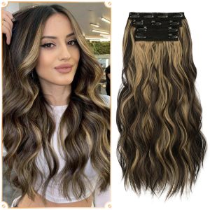 20 Inch 200g Clip in Hair Extensions 4PCS Thick Hairpieces Brown Highlighted Blonde Long Wavy Synthetic Hair Extension Full Head Natural Clip in Fiber Hair Piece Soft Invisible Lace Weft Hair For Women