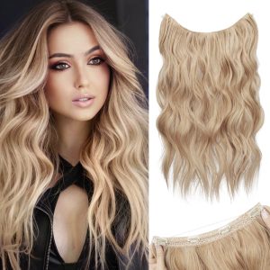 20 Inch 110g Invisible Wire Hair Extensions with Soft Lace Weft Transparent Wire Adjustable Size with 4 Secure Clips Long Curly Wavy Synthetic Hairpiece for Women Honey Blonde Mixed Platinum Blonde