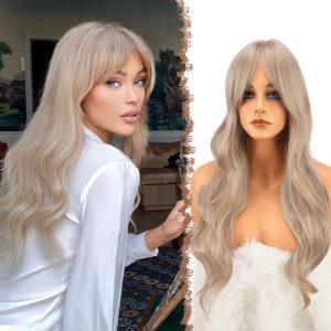 60 cm Blonde Women's Wig, Long Platinum Blonde Wigs with Fringe, Wavy Curly Curls, Natural Synthetic Hair Wigs for Women
