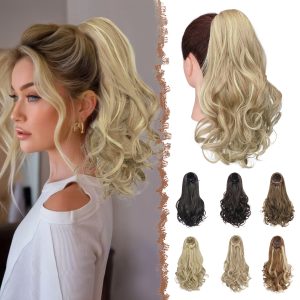 FESHFEN Drawstring Ponytail Extension, 15 inch Classic Loose Curly Wavy Synthetic Pony tails Hair Extensions Hairpieces for Women Dirty Blonde