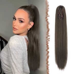 FESHFEN Long Ponytail Hairpiece - 25 Inch Straight Brown Braid Extensions with Clip in Synthetic Hair Extensions Claw Clip in Ponytail Hair Extensions for Women