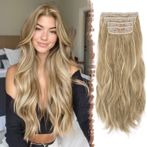 FESHFEN Clip in Hair Extensions for Women - 20 inch 4 Pcs Thick Double Weft Long Wavy Soft Synthetic Blends Well Hair Extension Caramel Brown & Beige Blonde