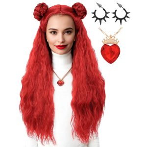 Descendants Red Wig, Descendants The Rise of Red Costume Accessory Long Wavy Red Wigs with Braided Hair Buns Wigs for Kids Girls Women Cosplay, Costume, Halloween Party