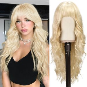 FESHFEN Long Wavy Blonde Wig With Bangs - 26 Inch Long Wavy Blonde Wig with Bangs for Women - Thick Soft Synthetic Hair Replacement Wigs Natural Looking Daily Cosplay Party Halloween