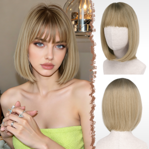 FESHFEN Blonde Short Bob Wigs with Flat Bangs, 12 inch Straight Hair Synthetic Colorful Cosplay Daily Costume Party Fashion Modern Neon Wig for Women 30cm