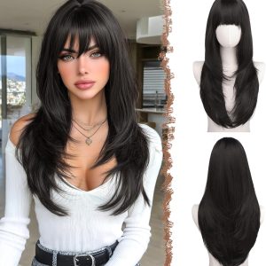FESHFEN 24 inch Straight Sleek Layered Wigs with Bangs for Women - Natural Synthetic Long Hair Wig for Daily Party Use