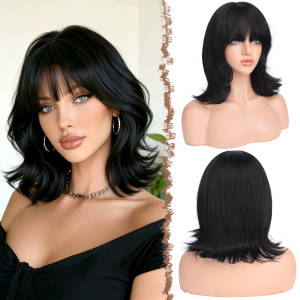 FESHFEN Shoulder Length Bob Wigs with Bangs for Women - Brown with Highlights Natural Layered Wavy Synthetic Wig For Daily Party Costume Use 14 Inch