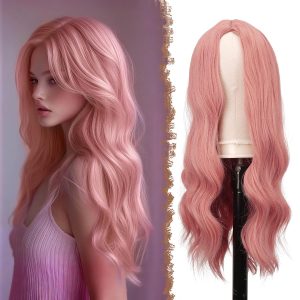 FESHFEN Long Auburn Wigs for Women, 24 inch Middle Parting Synthetic Wavy Wig for Daily Use Party Costume