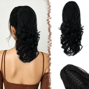 FESHFEN Ponytail Braid with Clip 14 Inch Dark Brown Wavy Curly Hair Extension Synthetic Wavy Hair Extension Clip-In Hairpiece Ponytail Synthetic Hair Braid for Women