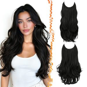 FESHFEN 2 PCS Invisible Wire Synthetic Black Wavy Clip in Hair Extensions 20 Inch Soft Wave & Layered Wave, Natural Looking, Detachable Wire,Lace Weft 4 Clips,Silky Thick Soft Lightweight,Tangle-free