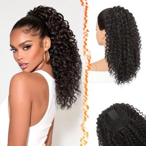FESHFEN Dark Brown Ponytail Extension, Curly Drawstring Ponytail Pure Protein Fiber 18 Inch Bohemian Curly Wavy Drawstring Comb Clip in Pony Tails Hairpieces Fluffy Natural Looking Soft Daily Party